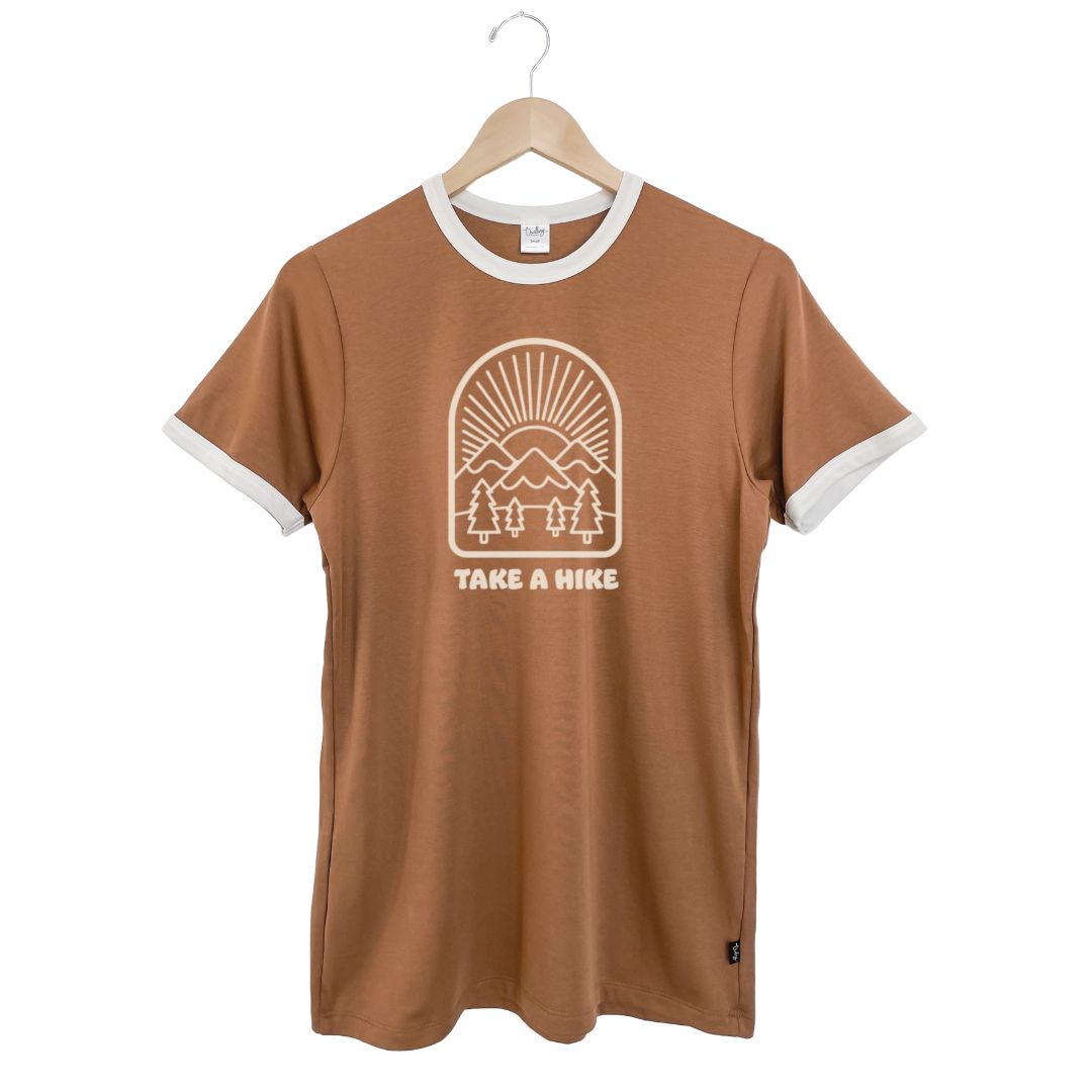 Adult Unisex Crewneck 'Take a Hike' Ringer T-Shirt | Caramel