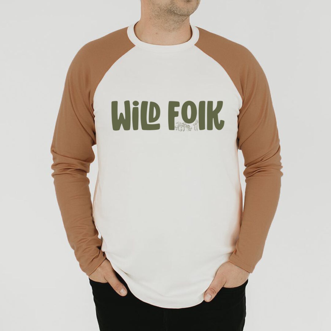 Adult Unisex Crewneck ’wild Folk’ Baseball Raglan Shirt | Cream & Caramel Men’s