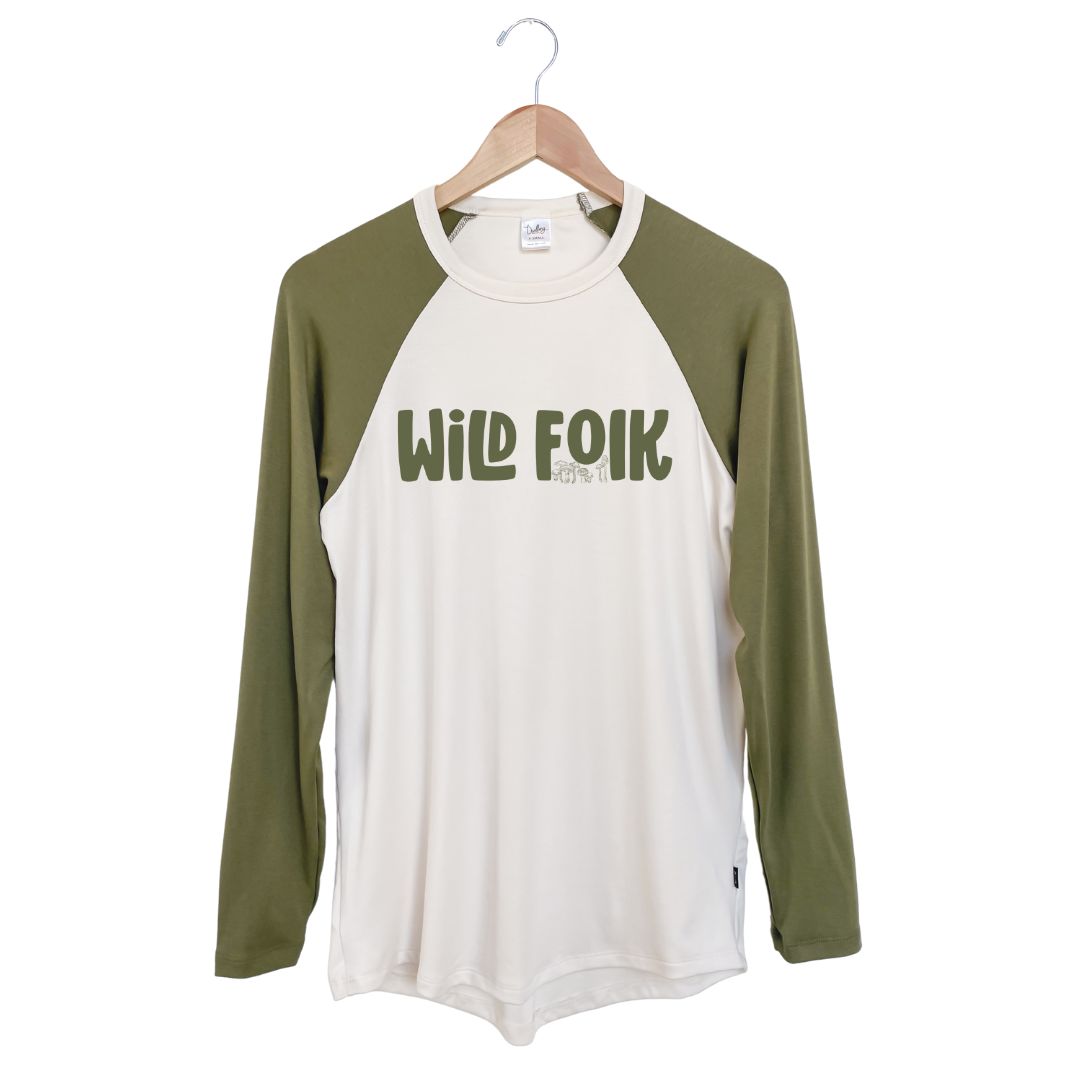 Adult Unisex Crewneck 'Wild Folk' Baseball Raglan Shirt | Cream & Olive