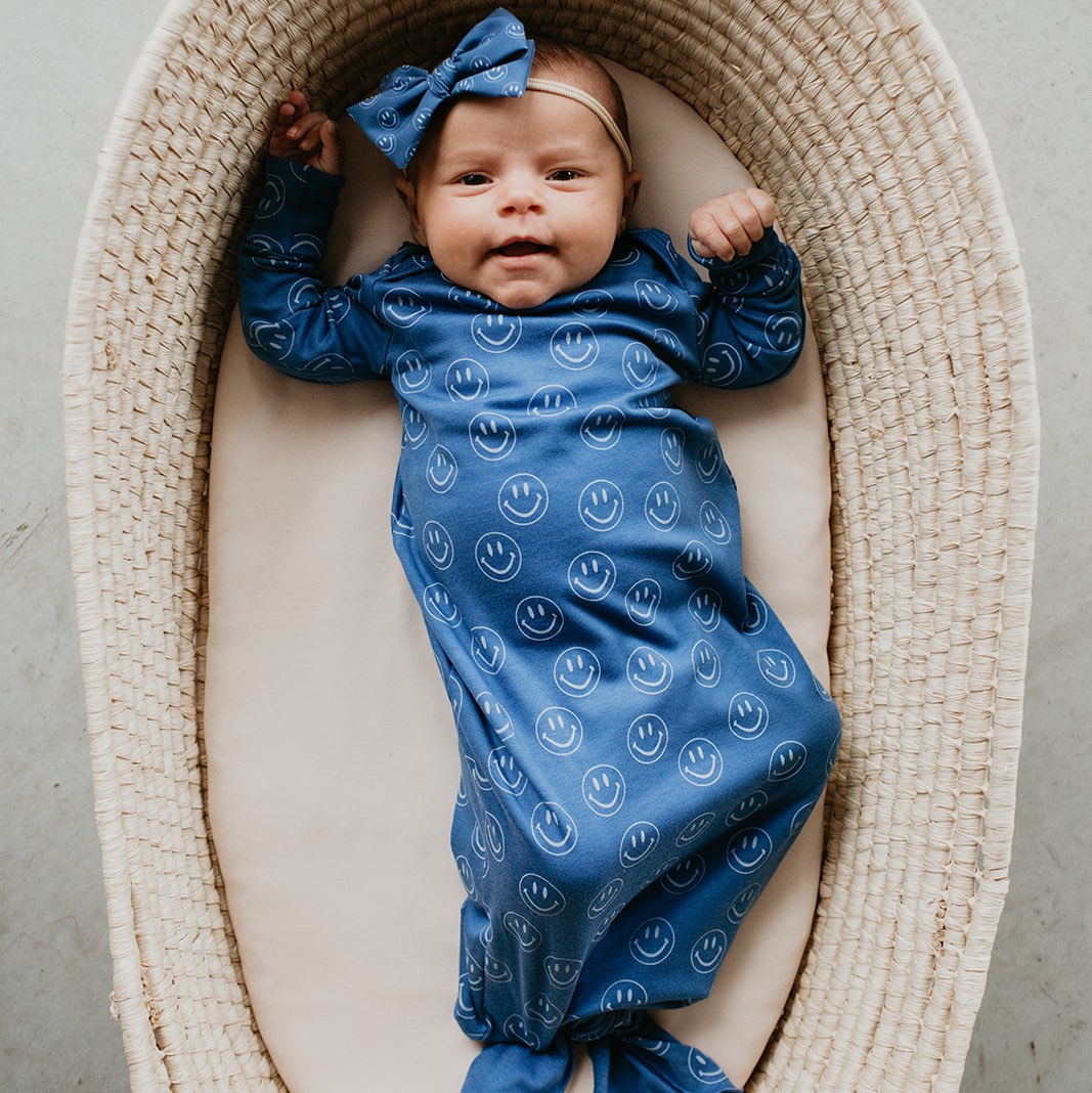 Baby Knotted Gown | Blue Smilies