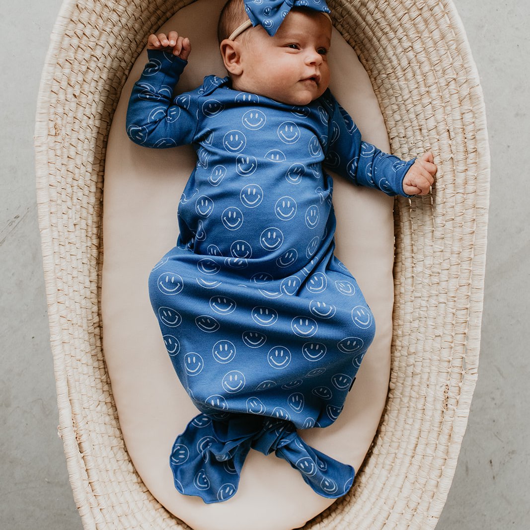Baby Knotted Gown | Blue Smilies