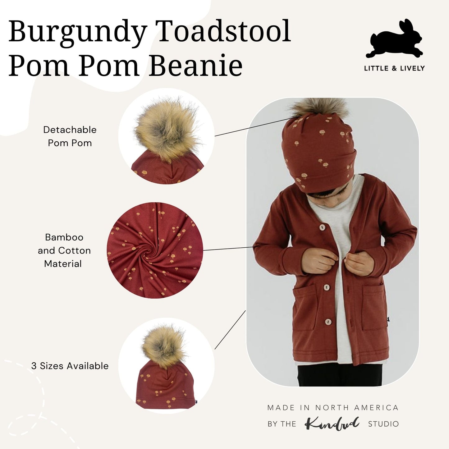 Baby/kid’s Pom Beanie | Burgundy Toadstool Beanie Bamboo/cotton 10
