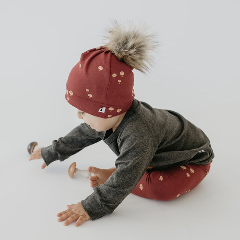 Baby/kid’s Pom Beanie | Burgundy Toadstool Beanie Bamboo/cotton 3
