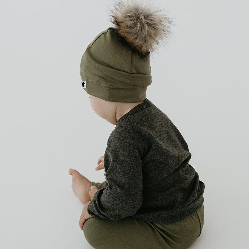 Baby/kid’s Pom Beanie | Olive Beanie Bamboo/cotton 3