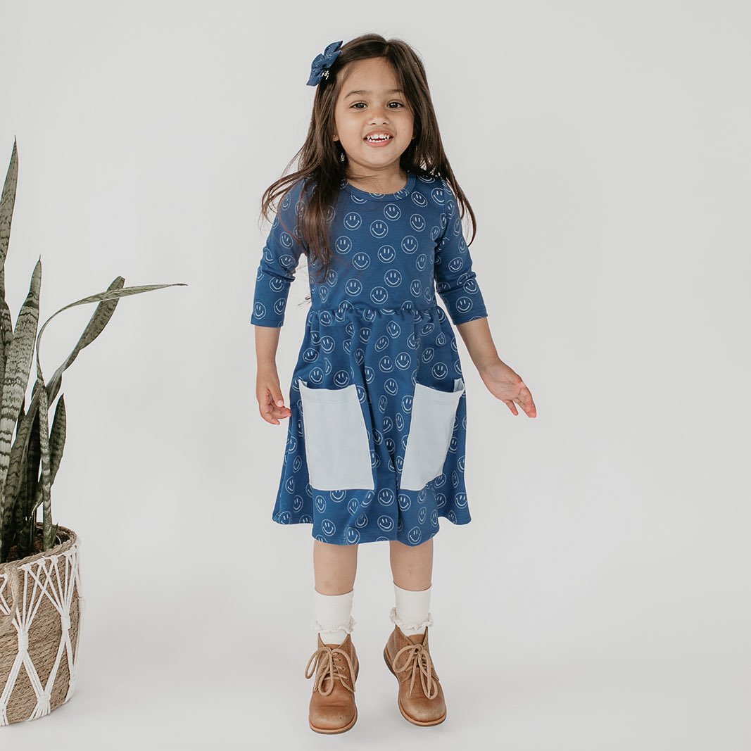 Baby/kid’s/youth Clementine Dress | Blue Smilies Girl’s Bamboo/cotton 4