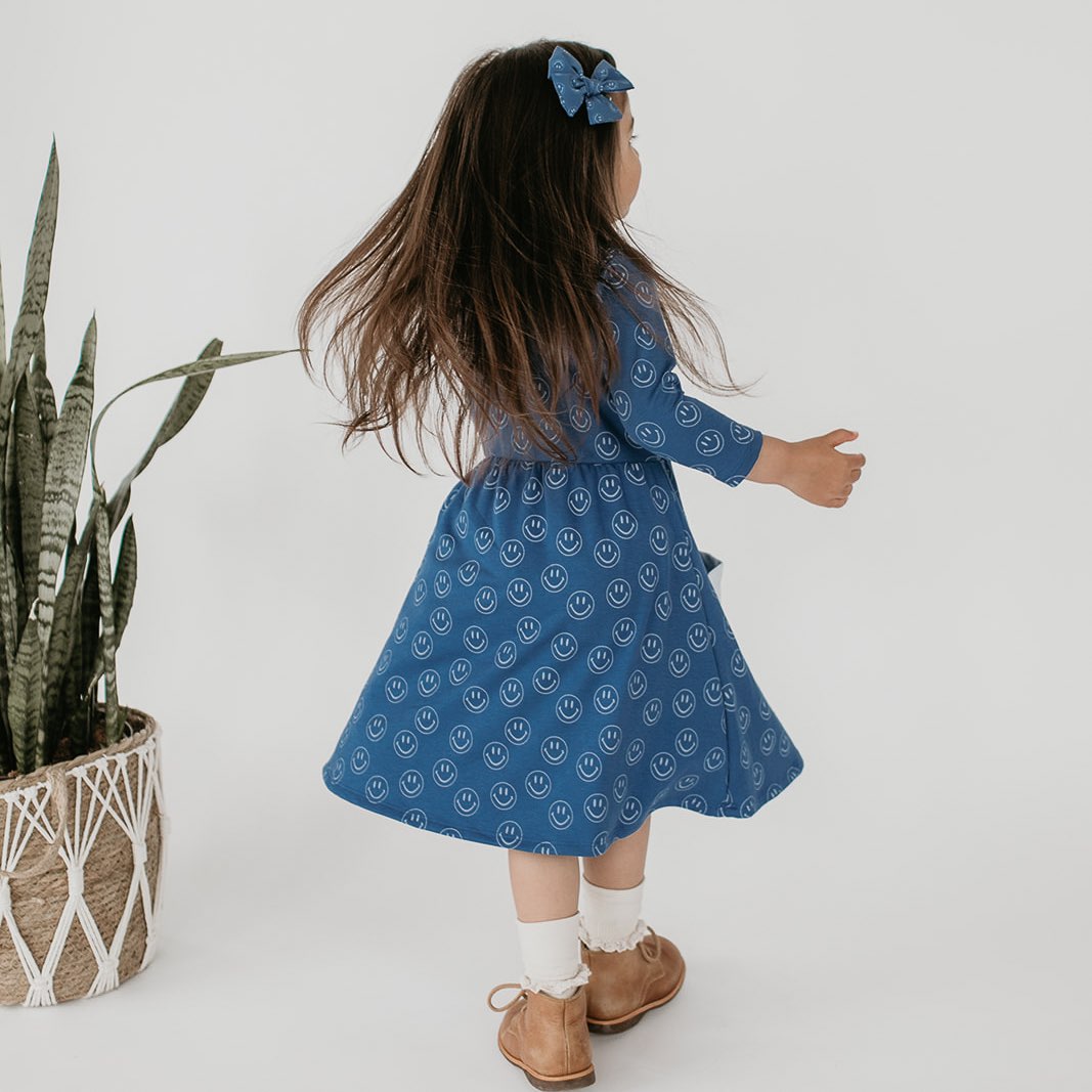 Baby/Kid's/Youth Clementine Dress | Blue Smilies