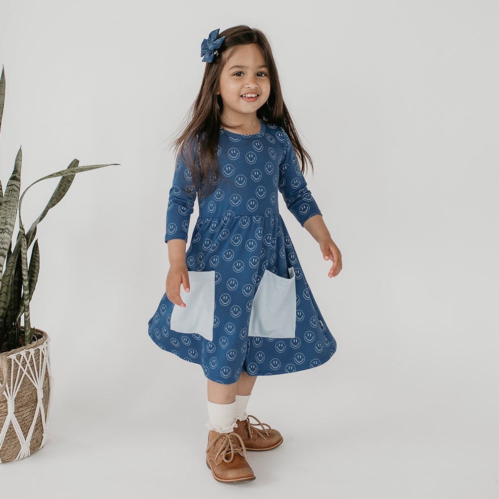 Baby/Kid's/Youth Clementine Dress | Blue Smilies