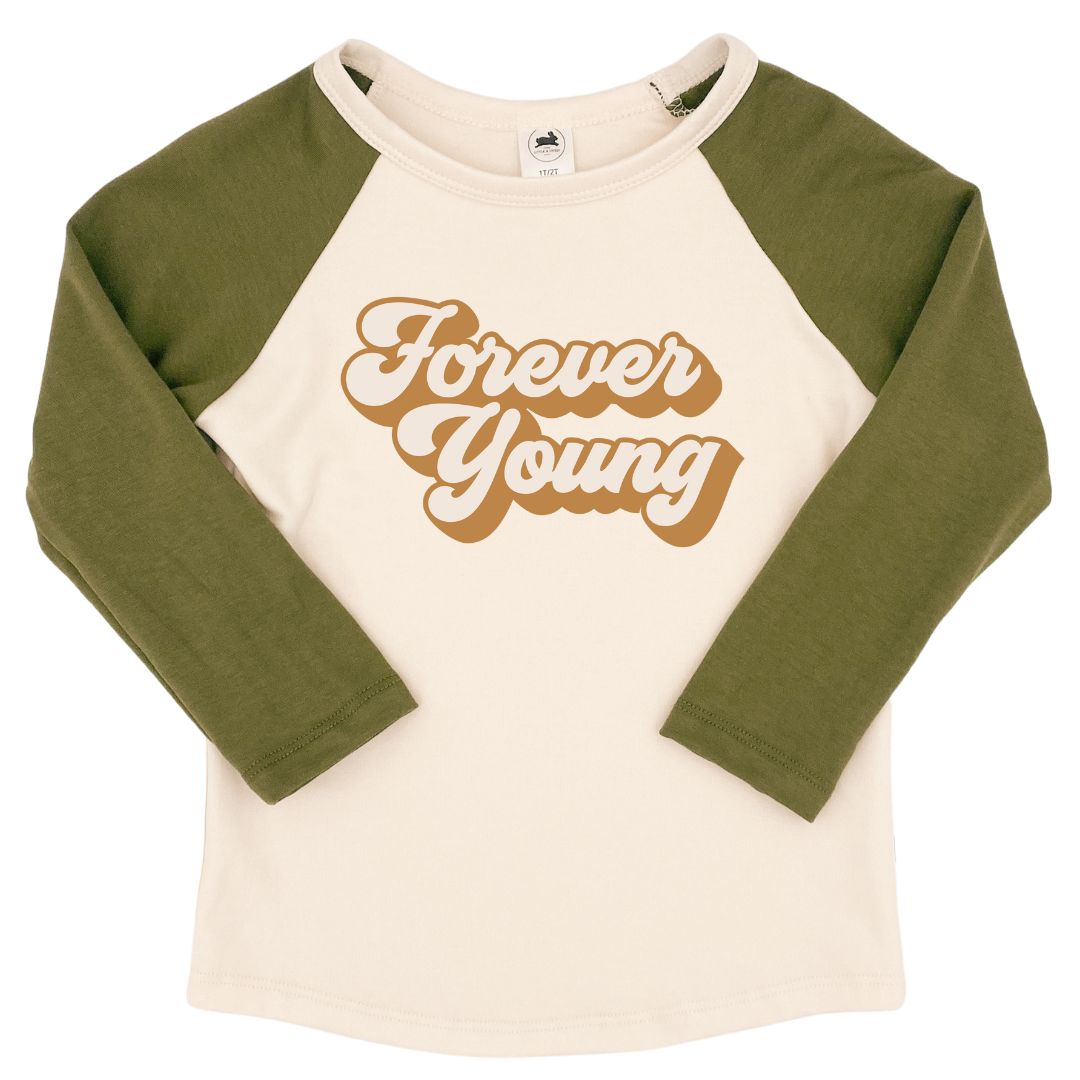 Baby/Kid's/Youth 'Forever Young' Baseball Raglan Shirt | Cream & Olive