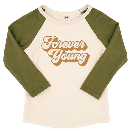 Baby/kid’s/youth ’forever Young’ Baseball Raglan Shirt | Cream & Olive Kid’s