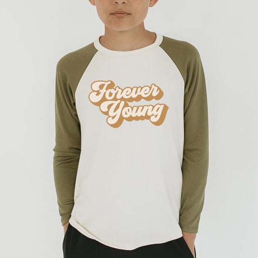 Baby/kid’s/youth ’forever Young’ Baseball Raglan Shirt | Cream & Olive Kid’s