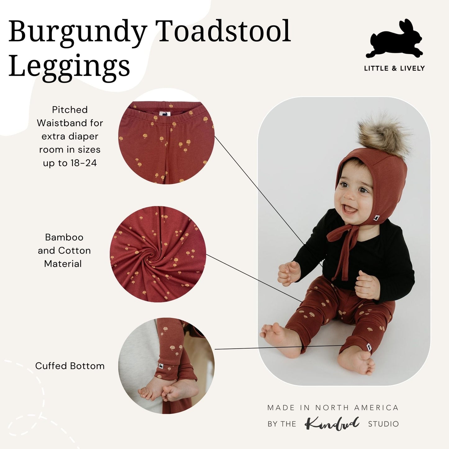 Baby/kid’s/youth Leggings | Burgundy Toadstool Leggings Bamboo/cotton 10