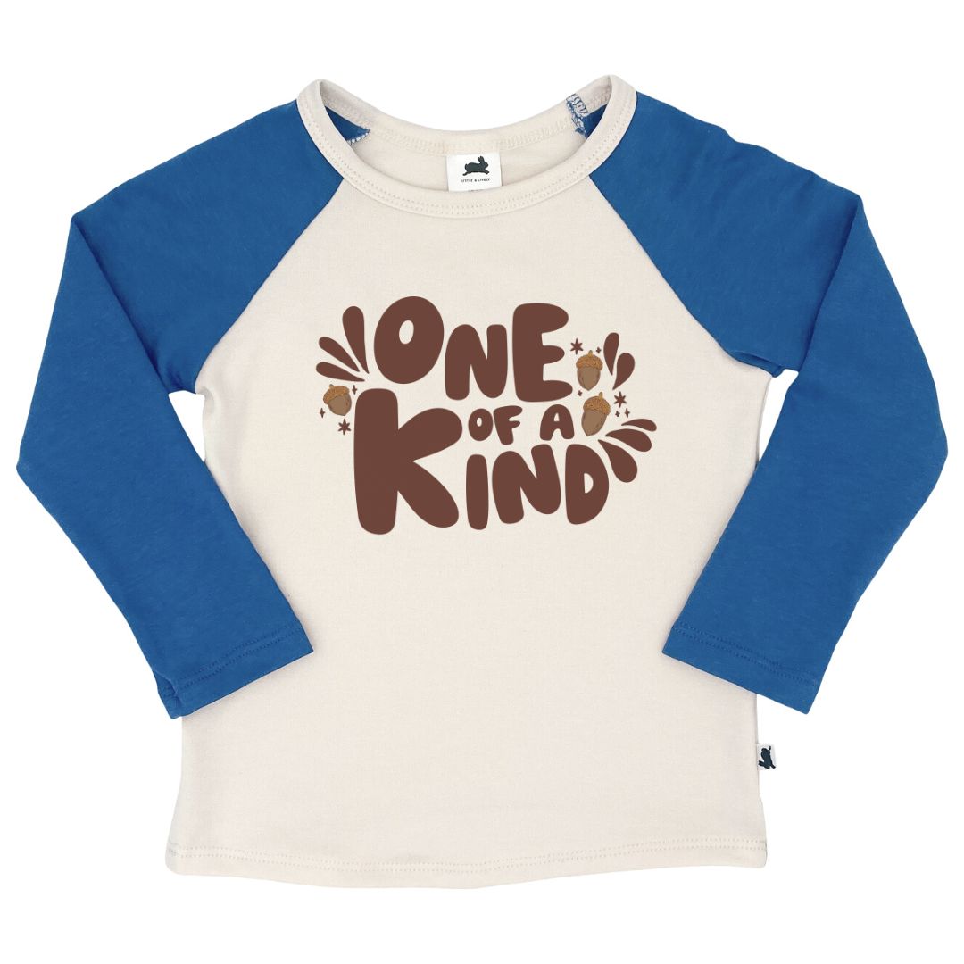 Baby/kid’s/youth ’one Of a Kind’ Baseball Raglan Shirt | Cream & Classic Blue