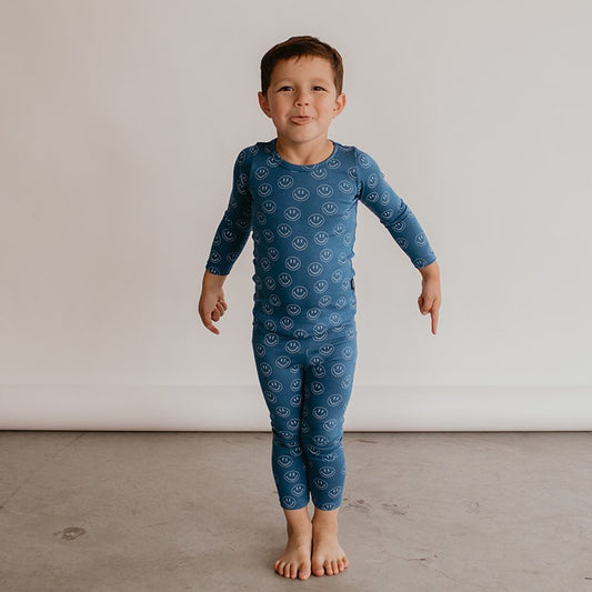 Kid’s/youth Long Sleeve Pajama Set | Blue Smilies Bamboo/cotton 2