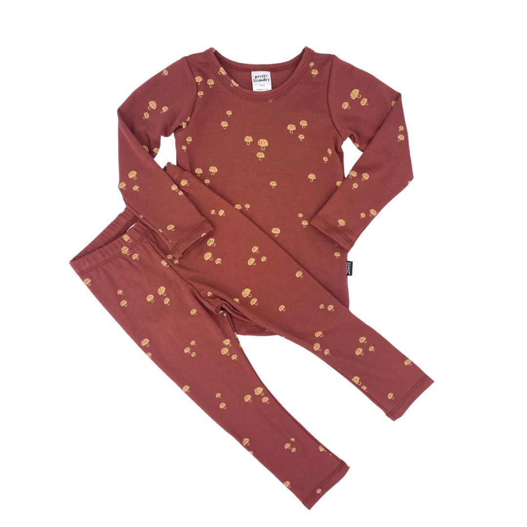Kid's/Youth Long Sleeve Pajama Set | Burgundy Toadstool