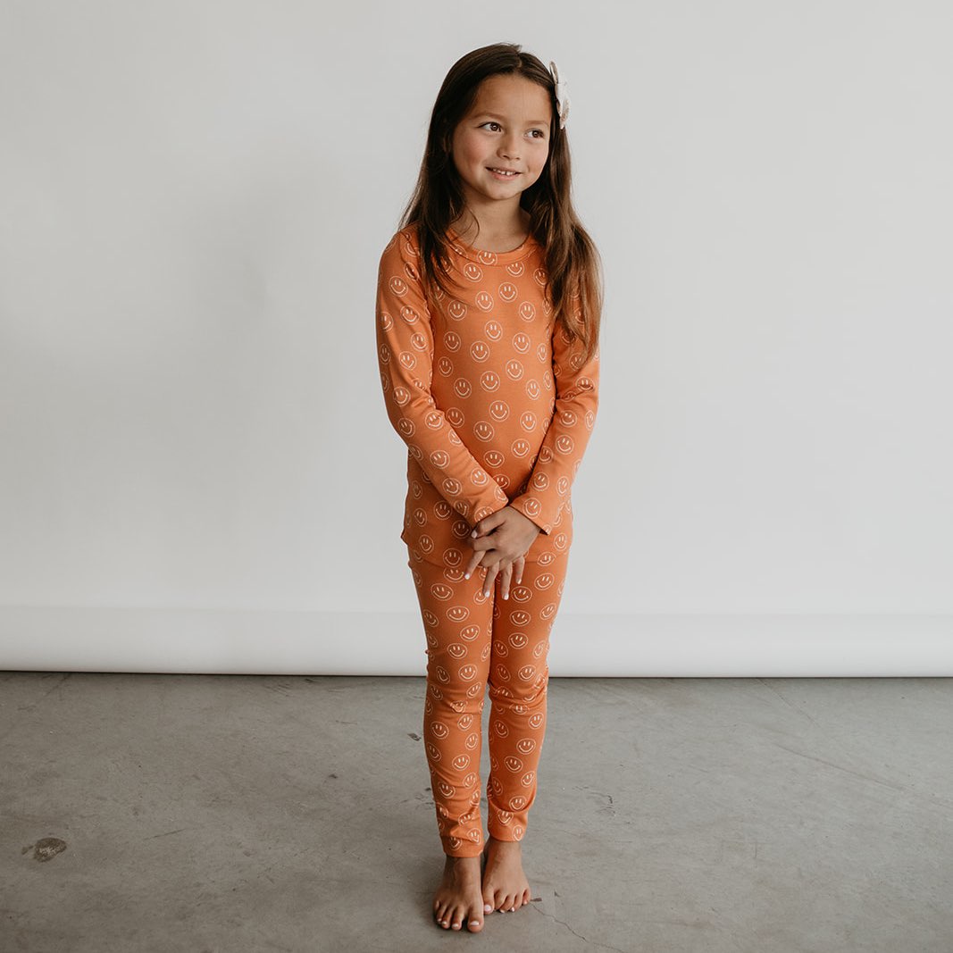 Kid’s/youth Long Sleeve Pajama Set | Orange Smilies Bamboo/cotton 2