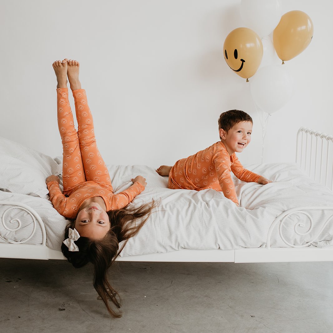 Kid’s/youth Long Sleeve Pajama Set | Orange Smilies Bamboo/cotton 5