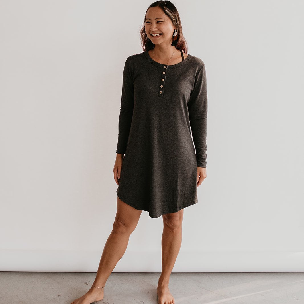 Women’s Long Sleeve Nightgown | Charcoal Pajama Set Bamboo/cotton 1