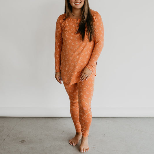 Women’s Long Sleeve Pajama Set | Orange Smilies Bamboo/cotton 1