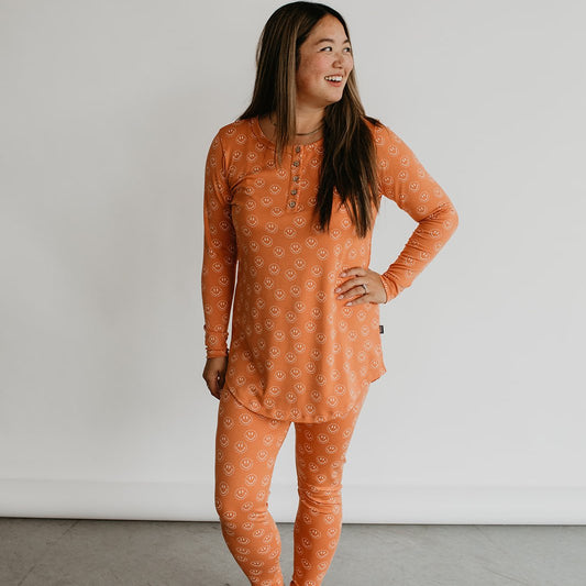 Women’s Long Sleeve Pajama Set | Orange Smilies Bamboo/cotton 2